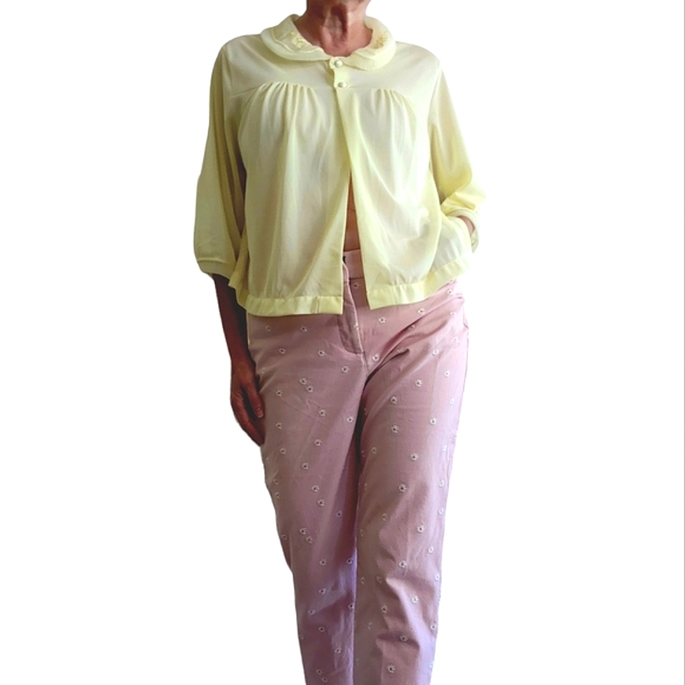 Vintage Sears Sheer Femme Cropped Bed Jacket Sz M-L pastel yellow